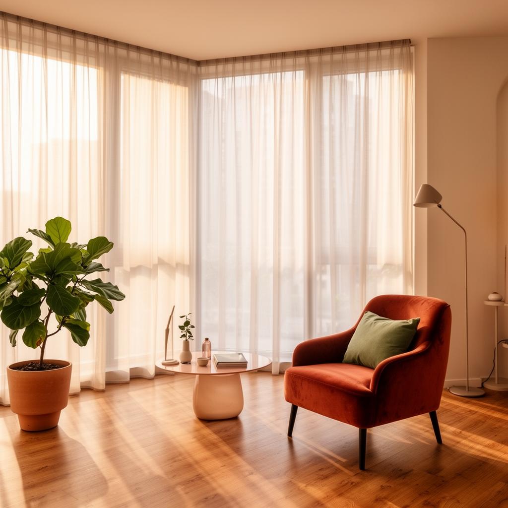 A sun-drenched therapy office with a velvet armchair and large windows